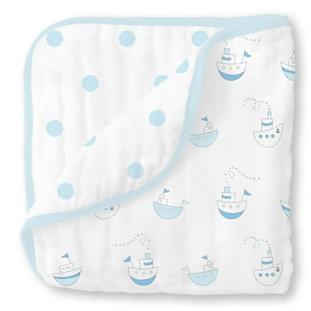 UPC: 0811964029521 | Muslin Luxe Blanket – Little Ships Pastel Blue