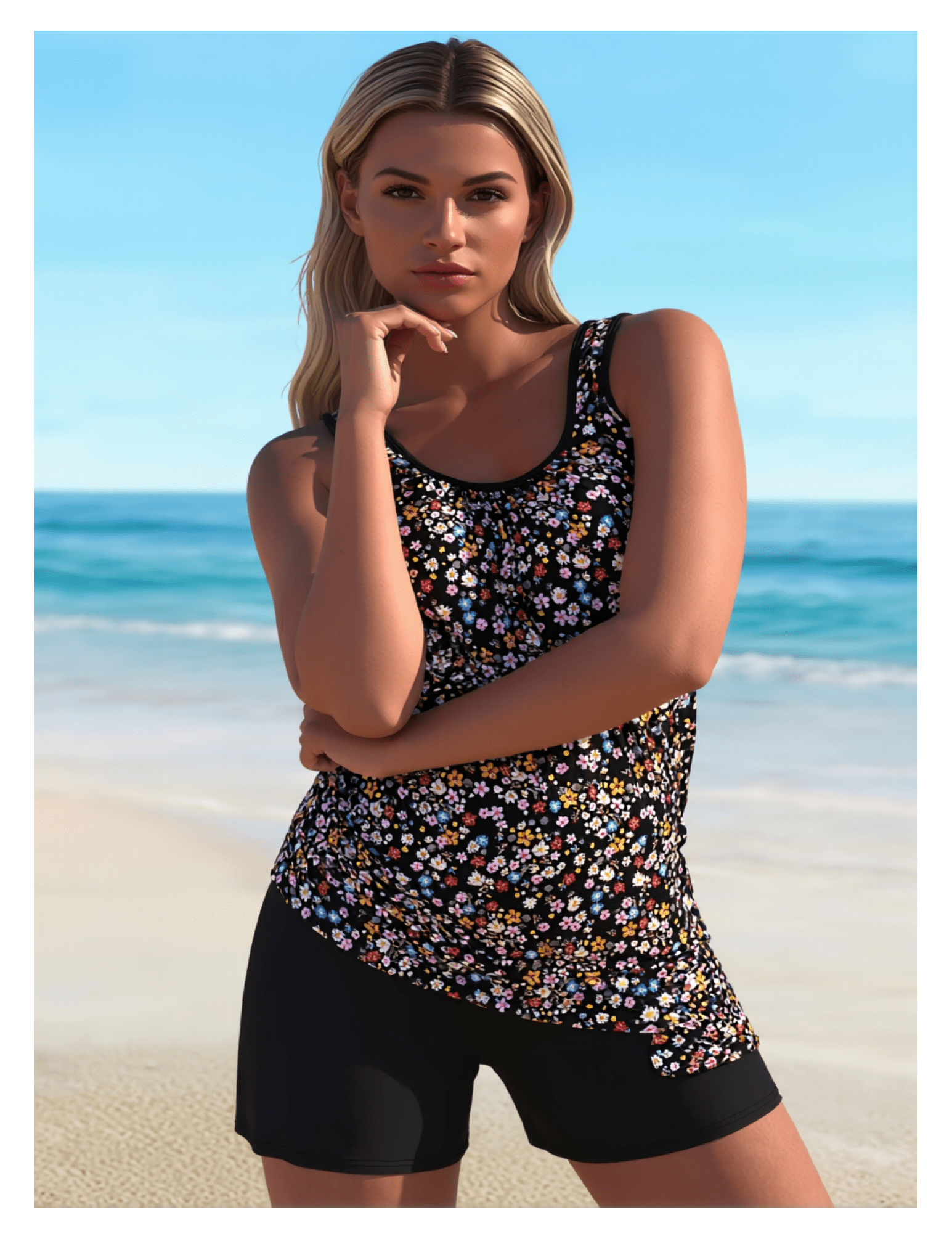 Women's Ditsy Floral Print Tankini - Black Boyshort Swimwear Set, Two Piece Plus Size Bathing Suit Sizes XL to 4XL