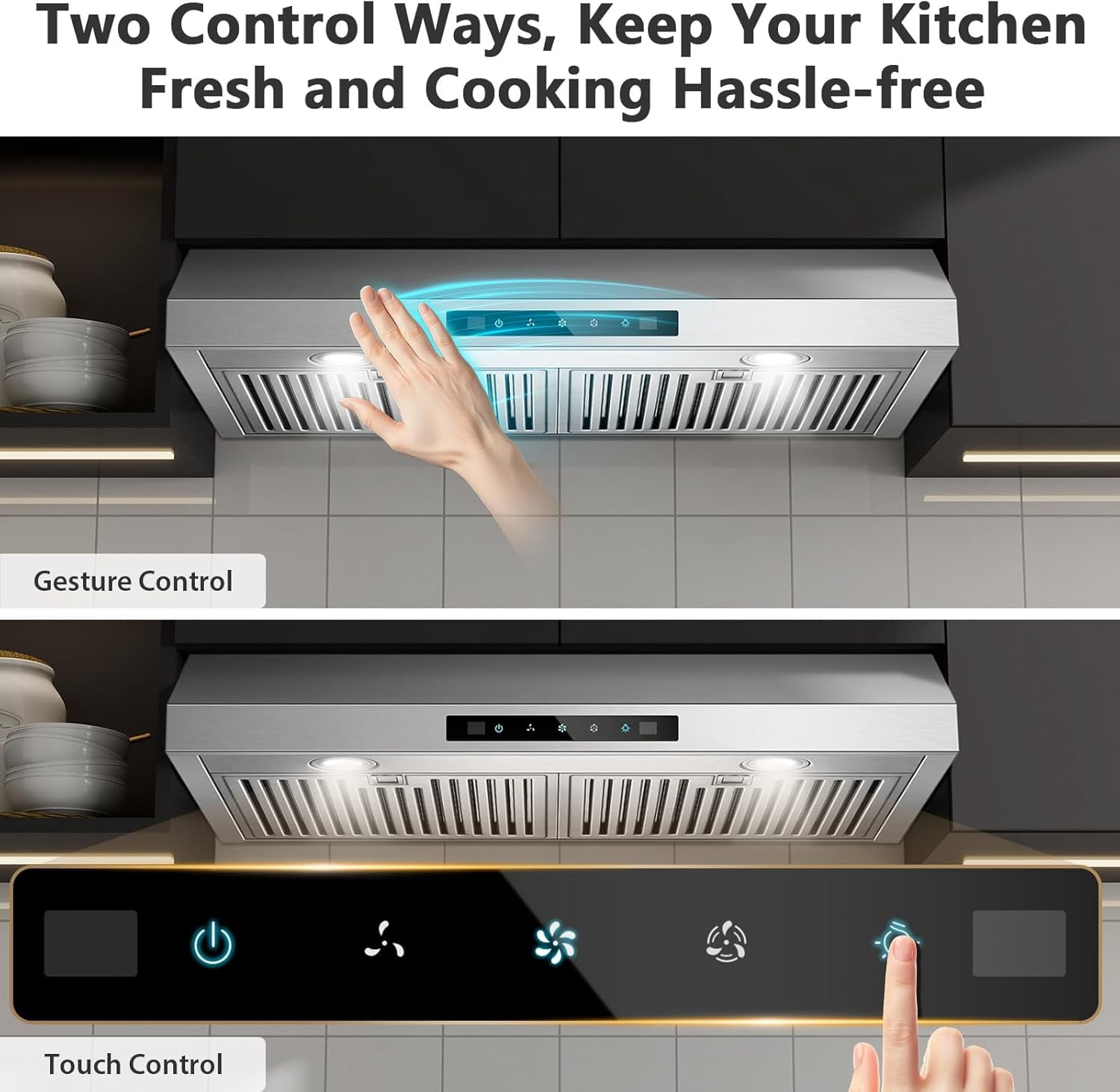 Range Hood 30 inch Under Cabinet, 800 CFM Stainless Steel Range Hood with Gesture and Touch Control, kitchen hood with Carbon Filter, 3 Fan Speed, Ducted/Ductless Convertible