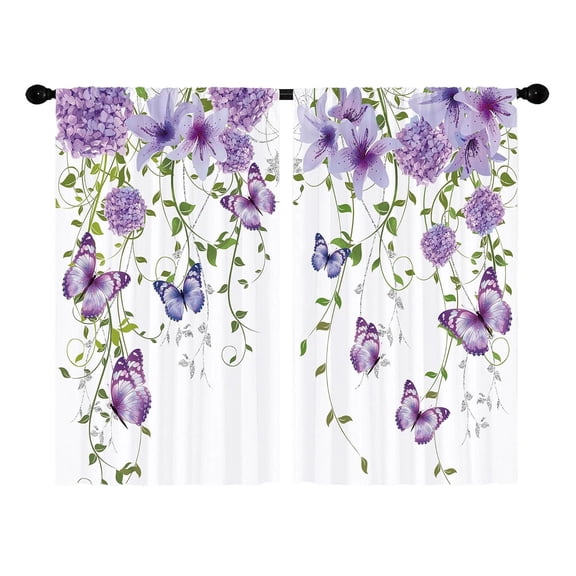 SUYOLL Purple Butterfly Floral Print Tier Curtains, 2 Panels Rod Pocket Light Filtering Privacy Short Drapes, Pastel Tone Washable Decorative Curtain for Kitchen Bathroom Small Window