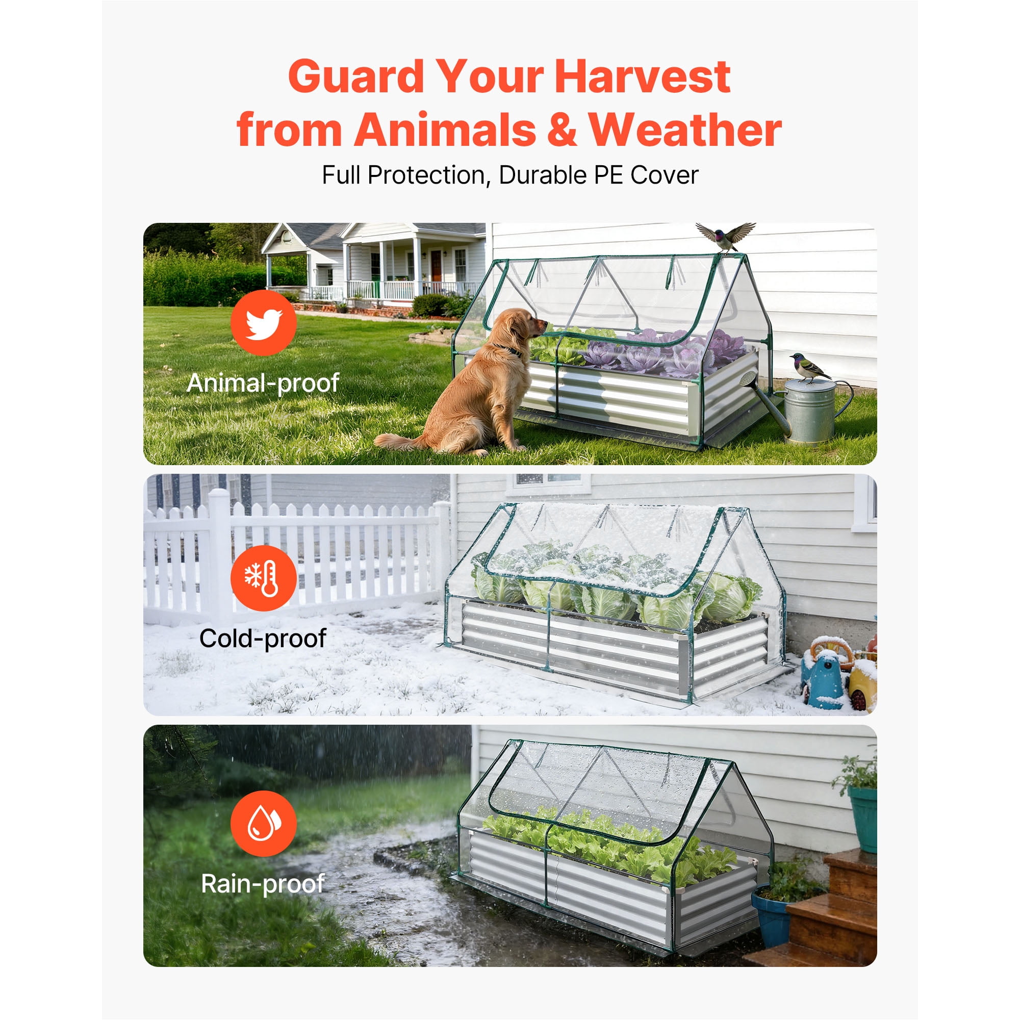 KFFKFF Rectangular Raised Garden Bed with Cover, 6 x 3 x 1 ft, Galvanized Metal Planter Box Kit for Outdoor Use, Includes PE Greenhouse Cover & Gloves, Rust-Resistant Alu-Zinc Material, Silver