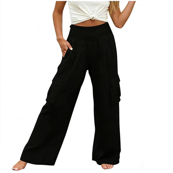 GUACER Womens Cargo Pants Smocked High Waist Wide Leg Trousers with Flap Pockets Outdoor Casual Loose Pants