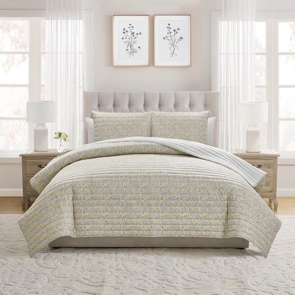 My Texas House Floral Pick Stitch 3-Piece Yellow Adult Quilt Set, Full/Queen