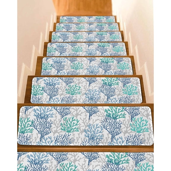 Stair Treads for Wooden Steps, Blue Teal Grey Coral Coastal Peel and Stick Stair Treads with Adhesive, Summer Beach Nautical Ocean Non Slip Indoor Stairs Runner Rugs Mats for Elders Dogs 8"x30"10PCS