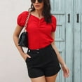 thumbnail image 4 of Women Puff Sleeve Top V Neck Short Sleeve Pleated Front Button Slim Fit Simple Plain Pattern Summer T Shirt Red XL, 4 of 7