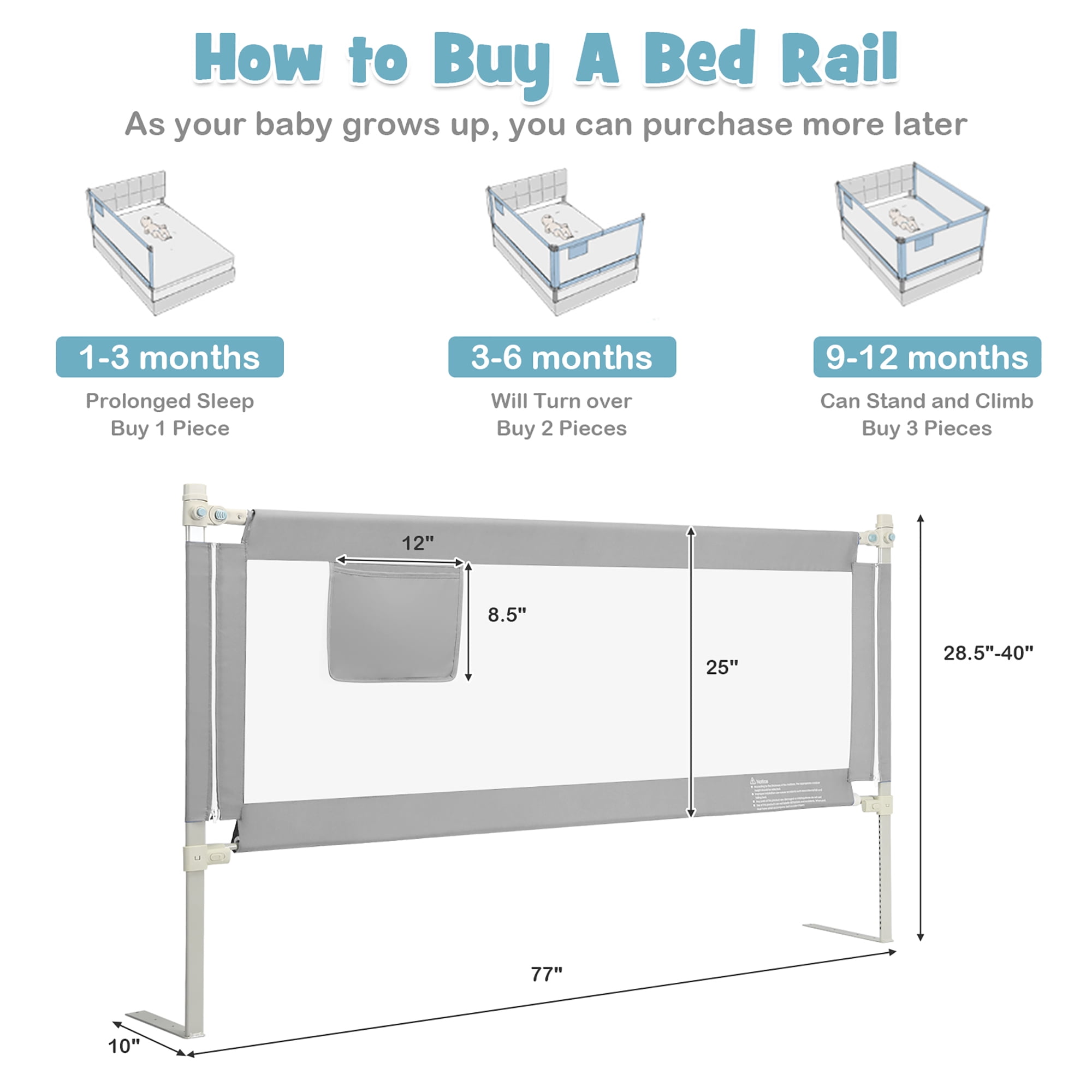 Gymax 77'' Bed Rails for Toddlers Vertical Lifting Baby Bed Rail Guard with Lock Grey
