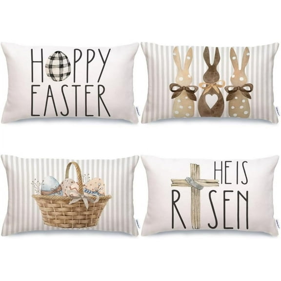 Happy Easter Throw Pillow Covers 12 x 20 Set of 4 Easter Decorations for Home Bunny He is Risen Cross Eggs Decorative Throw Pillows Spring Decor for Sofa Couch G209-12