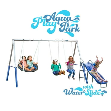 XDP Recreation Aqua Play Park with Water Wave Slide, Metal , 4 Leg, Swing Set, SuperDisc™ , 2 Blow Molded Adjustable height Chains