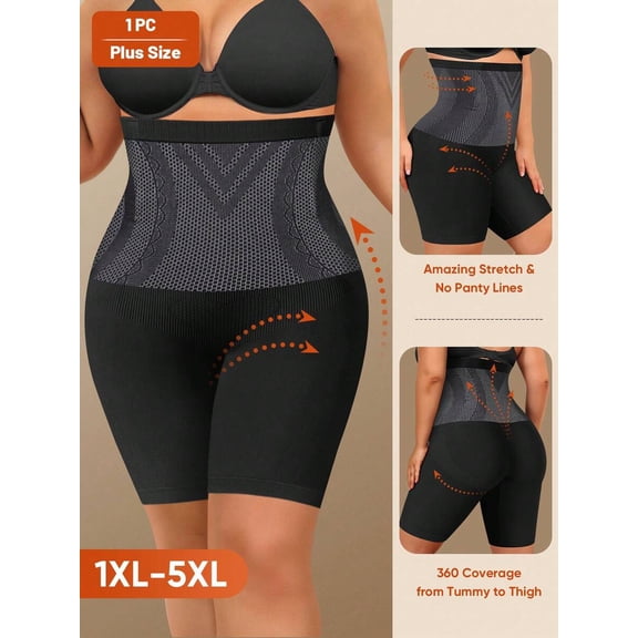 Black Plus Size High Waist Shapewear Shorts, Firm Control, 360 ° Tummy To Thigh Coverage, 1X-5X