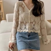 Women Flare Long Sleeve Crochet Cardigan Open Front Hollow Floral Sweater Coat