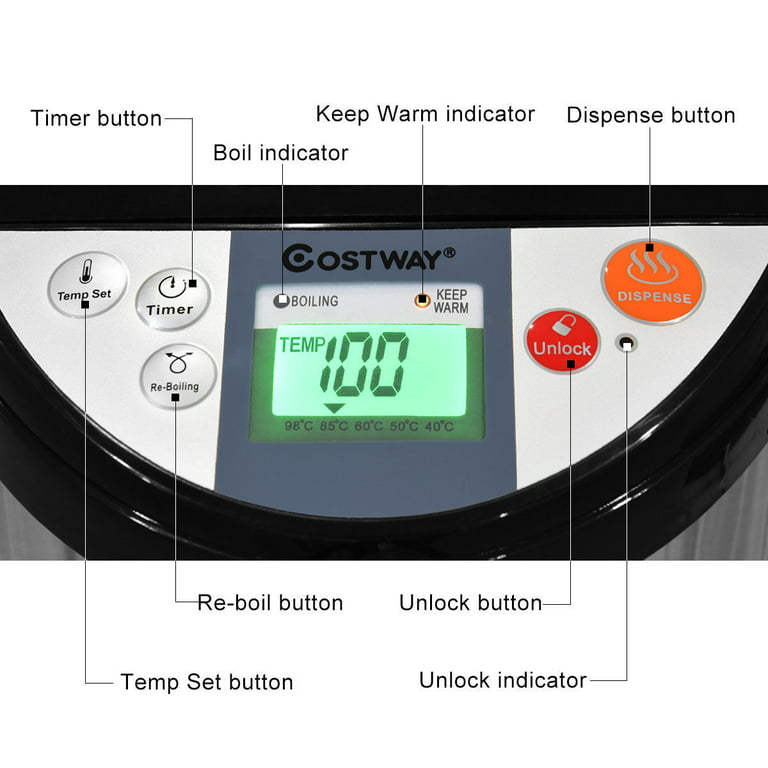  COSTWAY Instant Electric Hot Water Boiler and Warmer, 5-Liter  LCD Water Pot with 5 Stage Temperature Settings, Safety Lock to Prevent  Spillage, Stainless Steel Hot Water Dispenser : Home & Kitchen