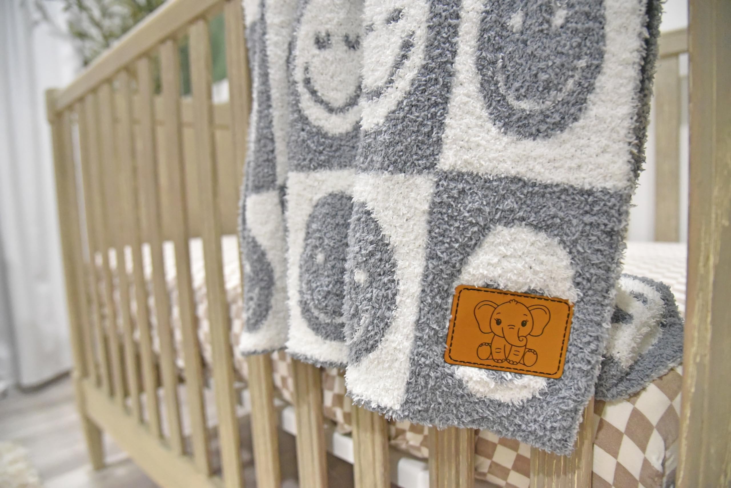Checkered Smiley Face Baby Blanket 28"x40" with Leather Patch - Soft Knitted Throw - Receiving Blanket/Newborn Gift Gray/White