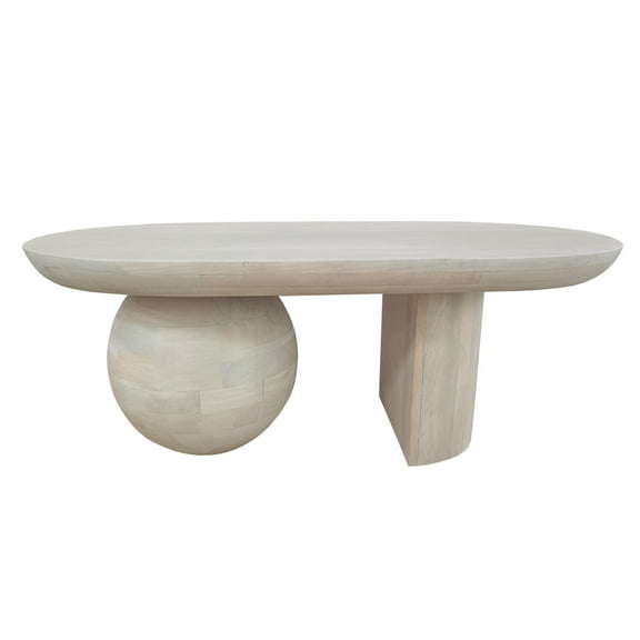 38 Inch Coffee Table- Oblong Mango Wood Top with a Modern Ball Leg- Washed White