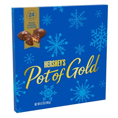 HERSHEY'S, POT OF GOLD Pecan Caramel Clusters Milk Chocolate Candy, Christmas, 8.7 oz, Gift Box (24 Pieces)