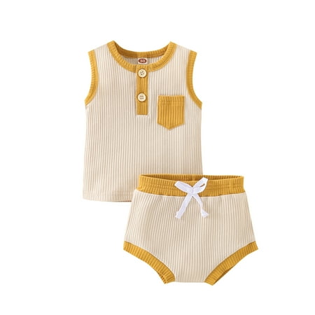 

Suanret Infant Baby Boys Girls Clothes Sets Sleeveless Pocket Patchwork Tops + Bandage Triangle Shorts Beige Yellow 6-12 Months