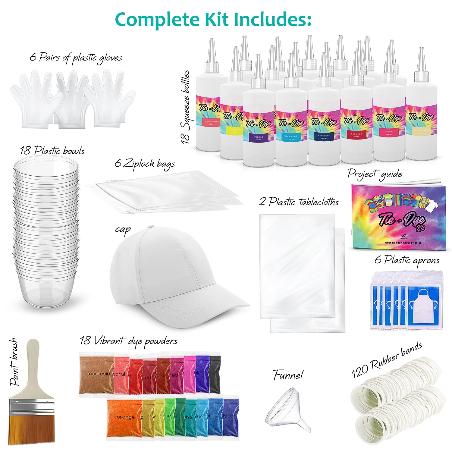 CraftBud DIY Tie Dye Kit for Kids, Adults, Large Groups - 18 Colors - Includes 1 Cap, 18 Bottles, 120 Rubber Bands, 1 Funnel, 1 Guide Book