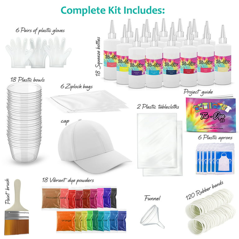Craftbud Tie Dye Kit for Kids & Adults, 212 Pieces - 18 Colors - Includes 18 Bottles, 120 Rubber Bands, 1 Funnel, 1 Guide Book & Much More- Tie Dye