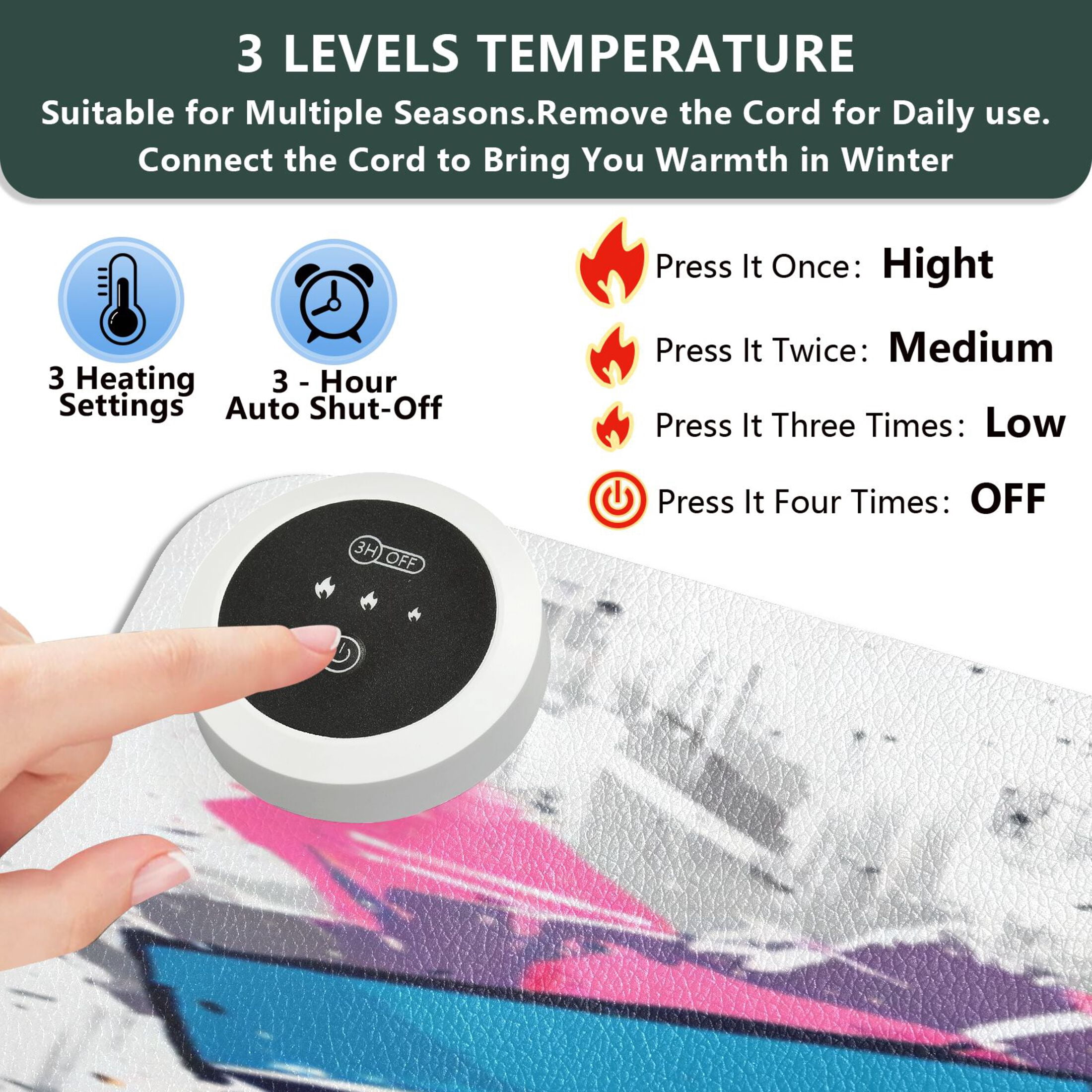 Large Heated Desk Mat Mouse Pad 31.5"x13"PU Leather Graphene Heating Desk Warmer with 3 Temperature Settings 110V US Plug Non-Slip Warm Pad for Home, Office, and Gaming Street Art Dinosaur Design