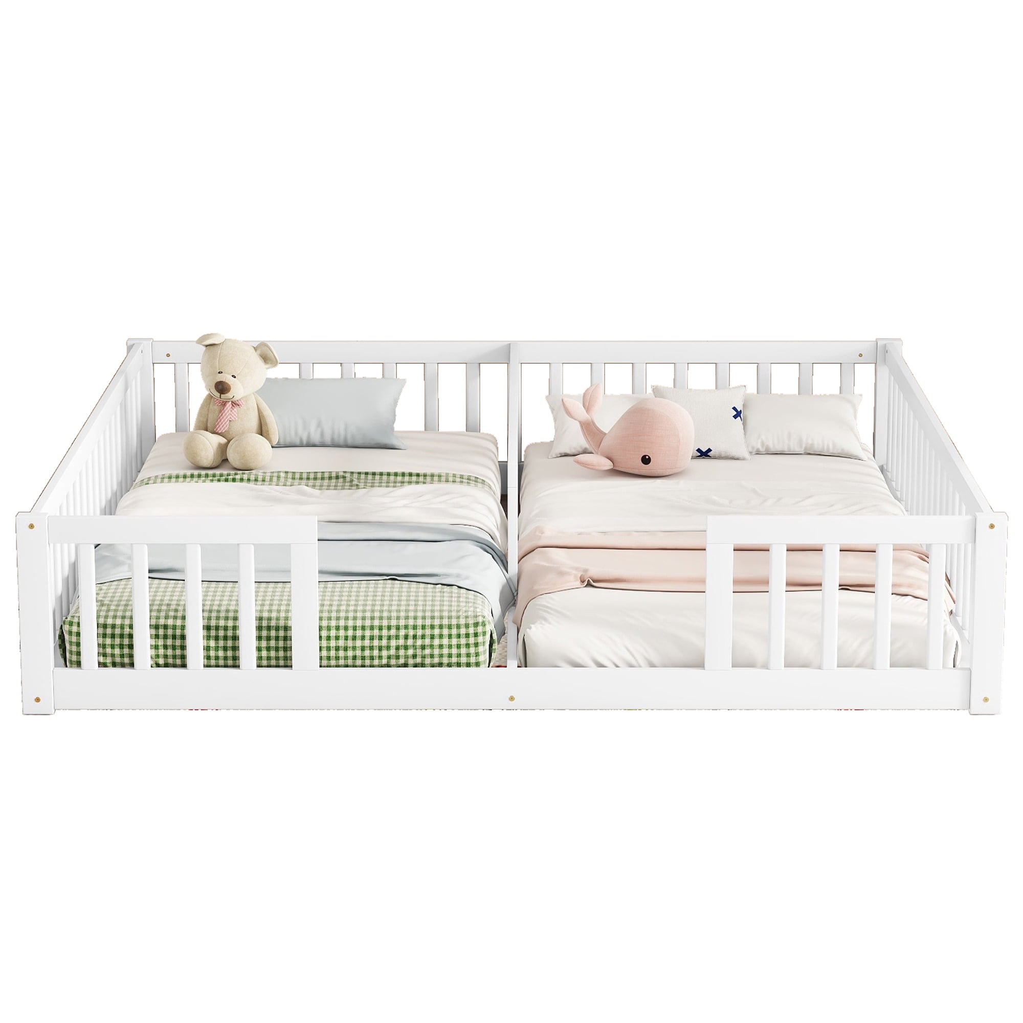 Euroco Wood Double Twin Size Bed, 2 Floor Beds in One with Guardrails, White