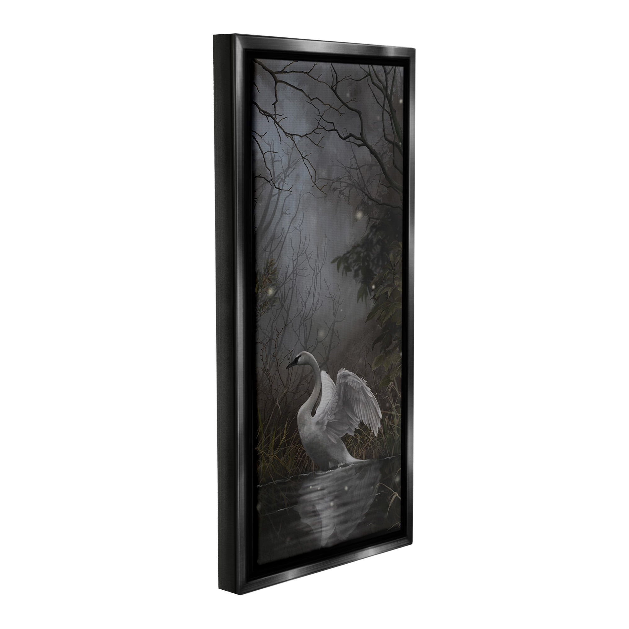 Stupell Industries Swan in Dark Night Pond Animals & Insects Painting Black Floater Framed Canvas Art Print Wall Art, 11 x 25