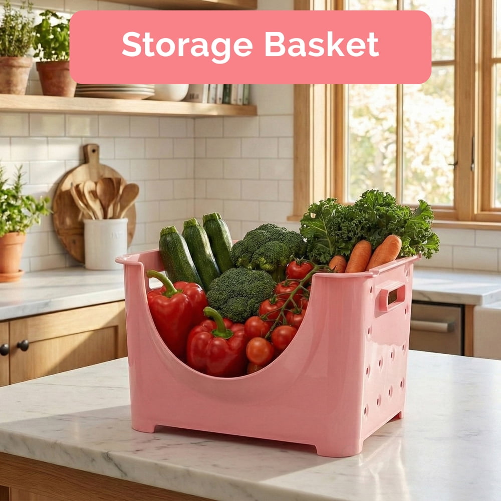 "Stackable Plastic Storage Container, Pink Stacking Bins"