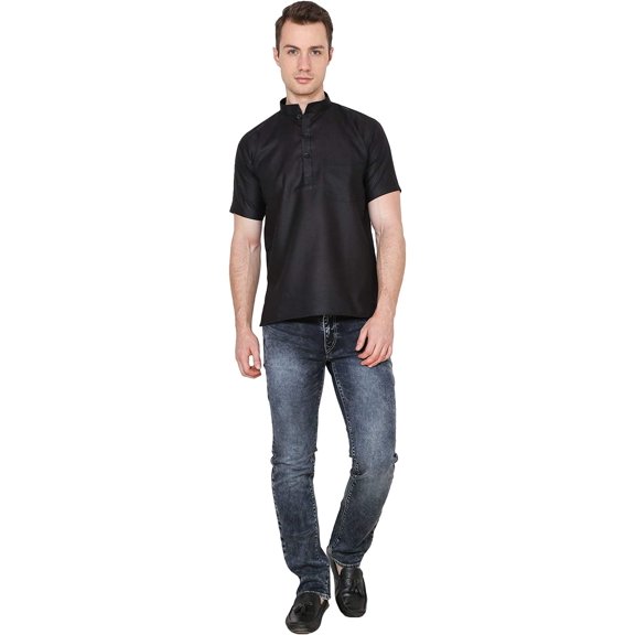 Royal Kurta Men's Cotton Short Sleeve Kurta Black