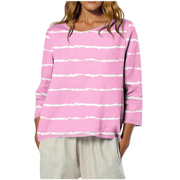 JGGSPWM Women's Striped Printed Round Neck Fashion Loose Soft Comfortable Casual 3/4 Sleeve Curved T-Shirt Top Pink M