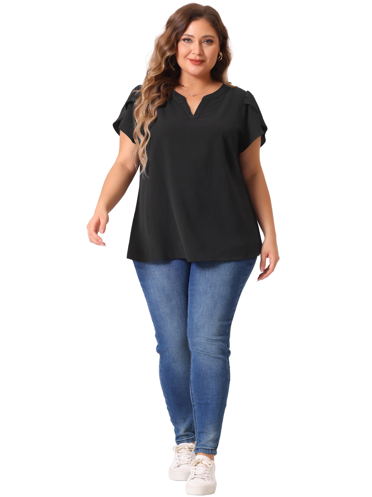 Women's Plus Blouses Notched V Neck Short Petal Sleeve Shirts Casual Dressy Tops 4X Black