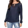 thumbnail image 1 of Women Lace Spliced Keyhole Crew Neck Long Sleeve Hollow Shirt, 1 of 1