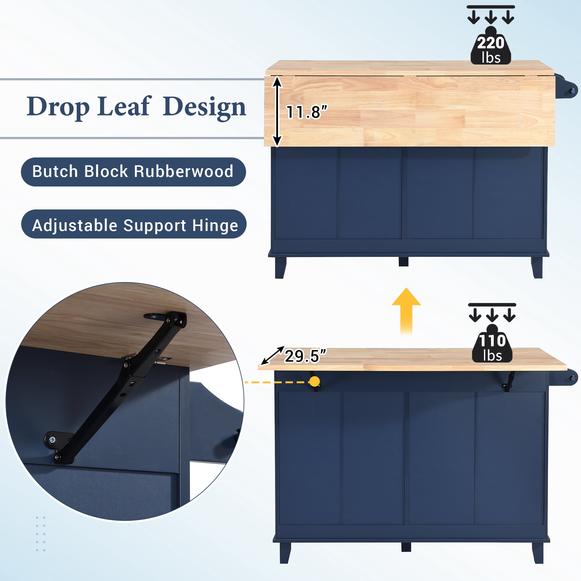 Yoneston Farmhouse Kitchen Island Set with 2 Stools, Dining Table Set with Drop Leaf, Storage Cabinet, Drawers and Towel Rack for Kitchen Dining Room, Blue