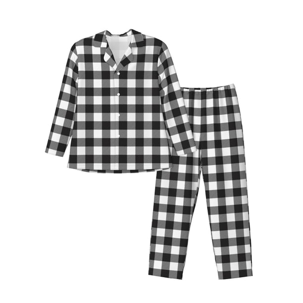 Fotbe Black White Plaid Pijama de Hombre con Estampado de Manga Larga, Conjunto de 2 Piezas, Ropa de Dormir Suave y Cómoda con Bolsillos-Large