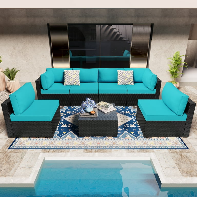 Grezone 6 Pieces Patio Outdoor Furniture Sets All Weather Wicker Sectional Sofa Couch Lawn Sectional Furniture with Washable Couch Cushions and Black