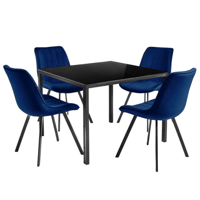 Comedor con Mesa en Vidrio Negro Moderna + 4 Sillas Velvet azul