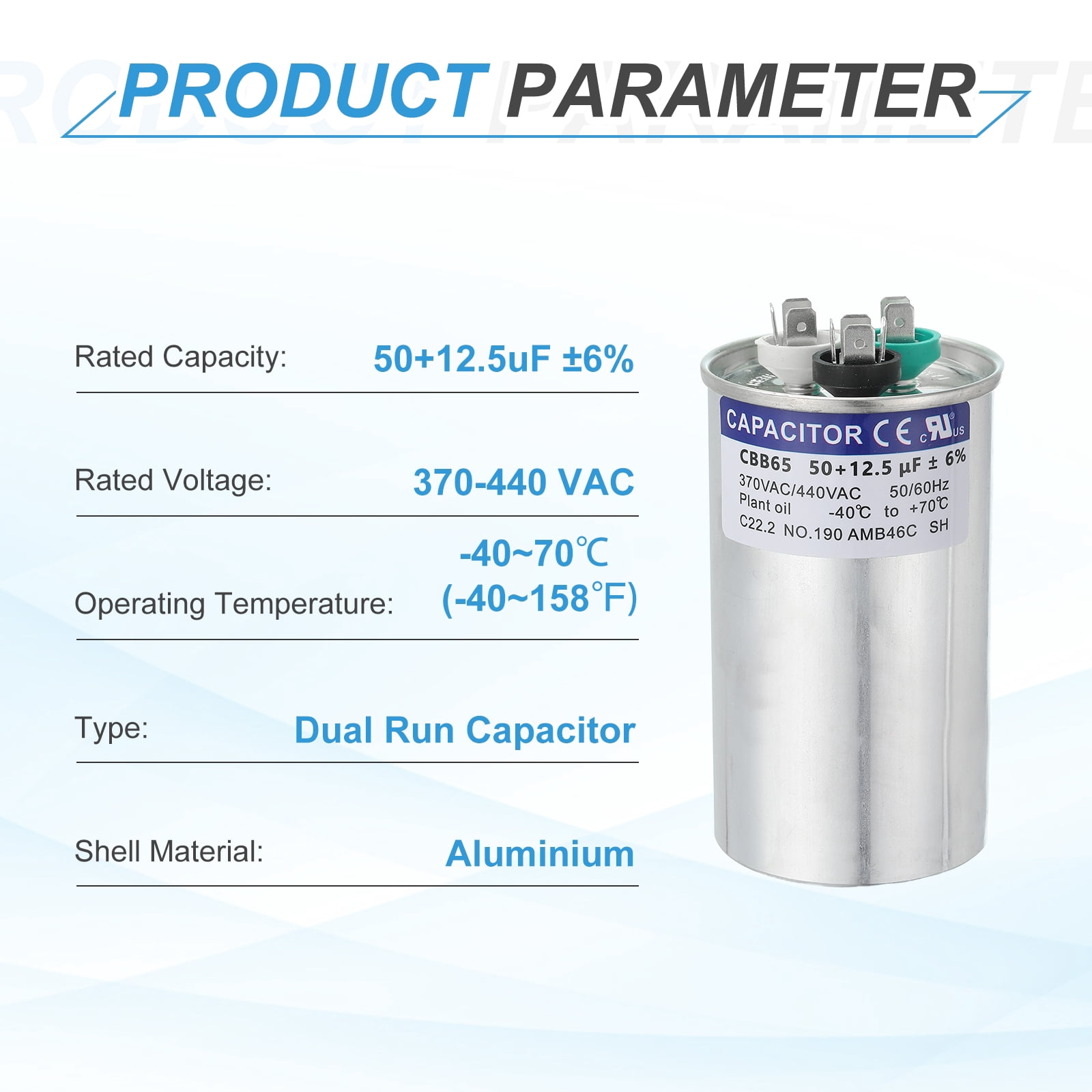 Uxcell CBB65 Capacitor, 50+12.5uF 370-440 VAC 50/60Hz Aluminium CBB65 Air Conditioner Motor Starting Round Capacitor for HVAC Systems, Air Conditioner, Heat Pump