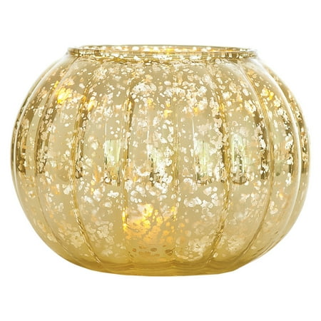 Large Vintage Mercury Glass Vase and Candle Holder (5-Inch, Autumn Design, Gold) - Decorative Flower Vase and Candle Holder - For Parties, Weddings, and Homes
