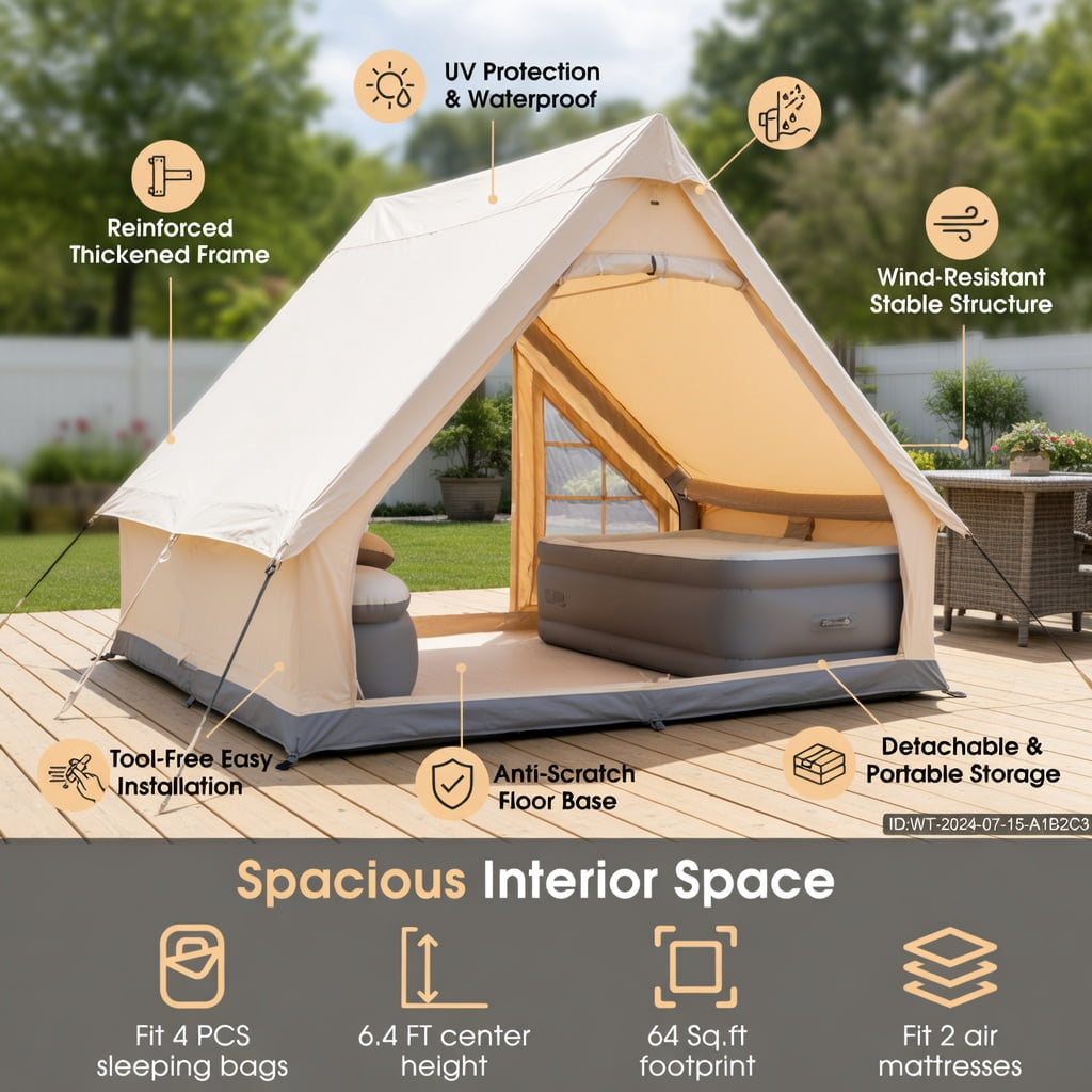 Resenkos Canopy, Gazebo Tent, Outdoor Canopies,Inflatable Camping Tent 2/4/6 People Glamping Tent for Family Camping with Pump-Beige