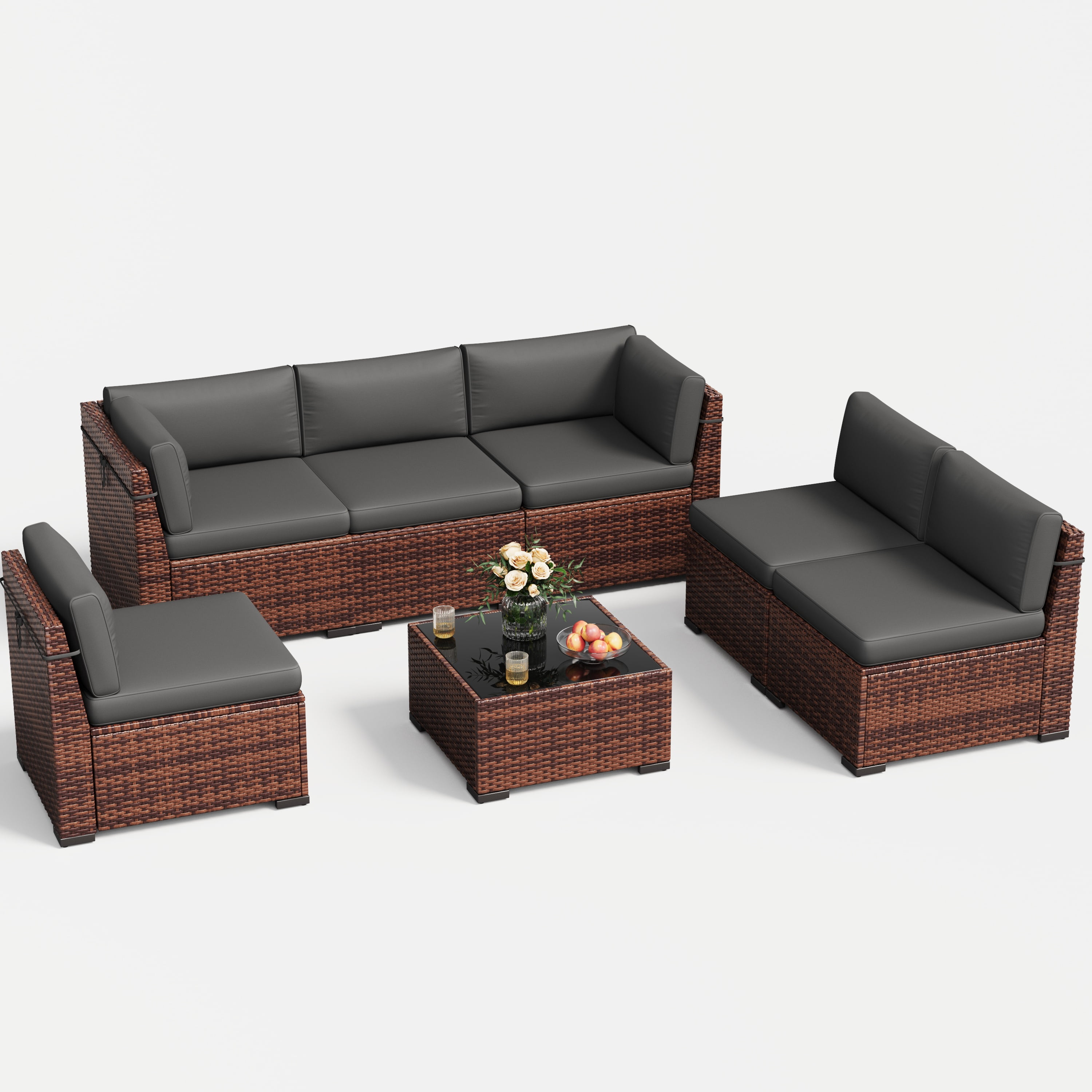 MRUAKA 7 Pieces Patio Furniture Set, Outdoor Furniture Sectional Rattan Sofa with Slanted Back, Patio Couch with Glass Coffee Table for Backyard Garden Dark Grey