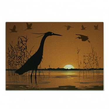Egret Cutting Board, Nature Themed Bird Silhouettes at Sunset in Swamp, Decorative Tempered Glass Cutting and Serving Board, in 3 Sizes, by Ambesonne