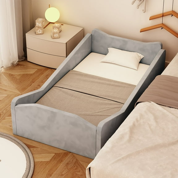 JOYMOR Toddler Bed, Toddler Floor Bed Frame with Guard Rails, Soft Velvet Bed for Infant, Kids Boys and Girls, Mattress not Included (Gray)