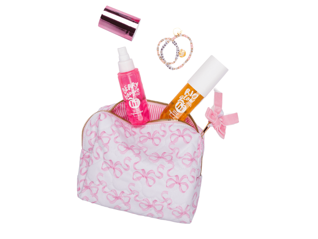 Hi Peach Layne Mommy and Me 5 Pieces Fragrance Mist Set, Pink Cosmetic Bag, Berry Bougie and Rio Glow Fragrance Mists 176ml, and Love You and More Bracelets
