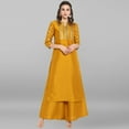 thumbnail image 3 of Janasya Indian Round Neck 3/4 Sleeve Floral Print Mustard Poly Silk Kurta With Palazzo For Women, 3 of 7