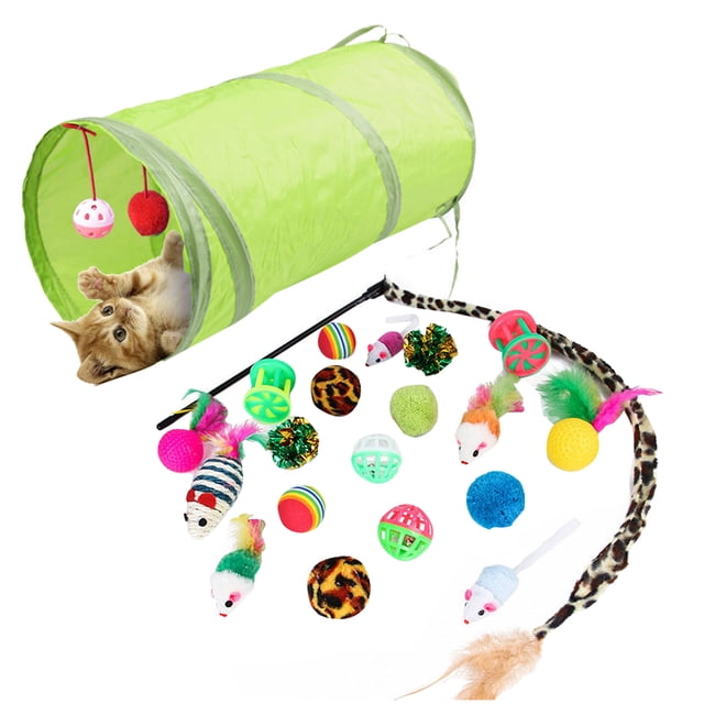 21-Piece Cat Playtime Assortment Set 1: Interactive Toys Including Bell Balls, Rainbow Balls, Fur Balls, Leopard Balls, Snare Drums, Rattling Paper Balls, Colored Toys, Sisal, Golf Feathers, Small