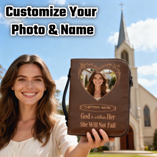 Sentmoon Leather Bible Cover Custom Photo Name Engraved Premium Leather Sleeve with Zipper Pocket and Adjustable Strap Ideal Gift for Church Bible Study Travel