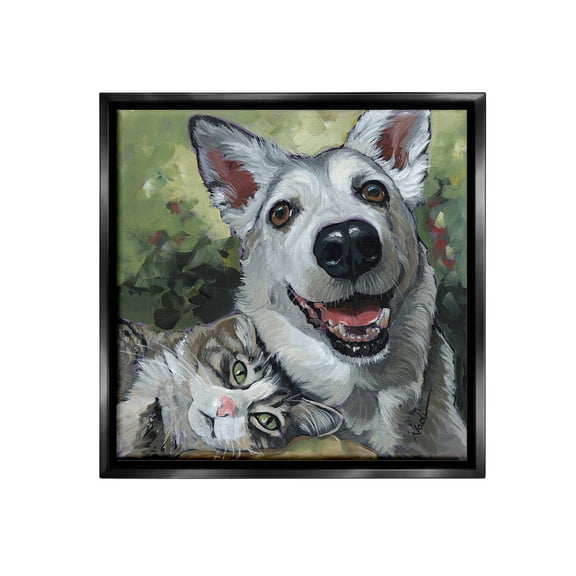Stupell Industries Dog & Cat Friendship Animals & Insects Painting Black Floater Framed Canvas Art Print Wall Art, 18 x 18