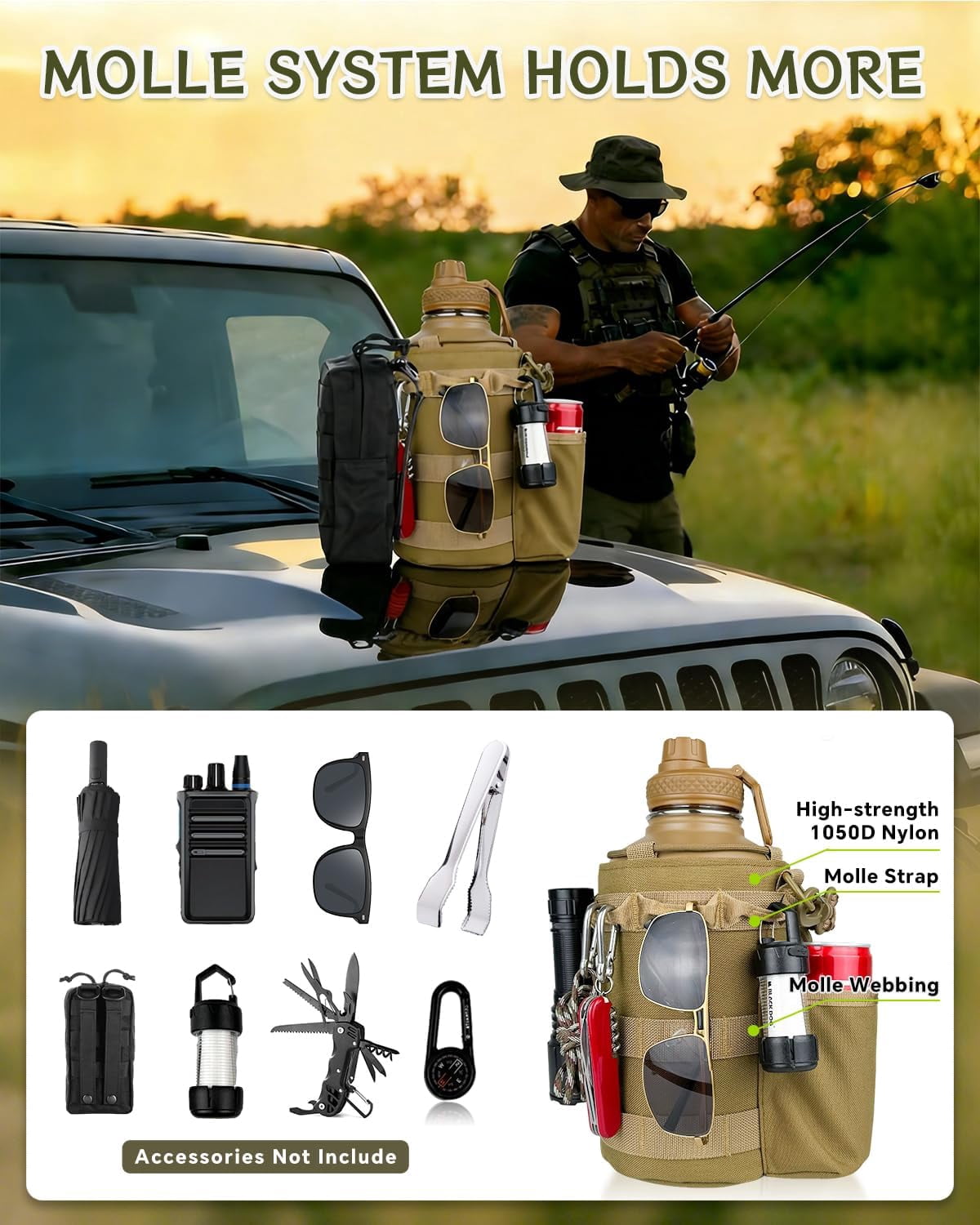 Half Gallon Water Bottle Insulated with Sleeve-64 oz Stainless Steel Water Jug with Strap Paracord Handle Metal Sport GYM Water Bottles for Men Women Hunting Hiking Travel Biking Camo CP