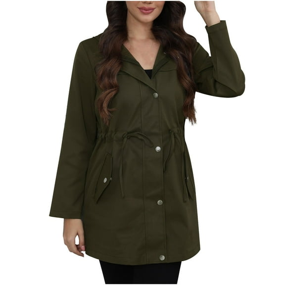 Htigea Women's Long Hooded Jackets Drawstring Waist Windbreaker Coats Lightweight Fall Outdoor Jacket with Pockets Army Green S
