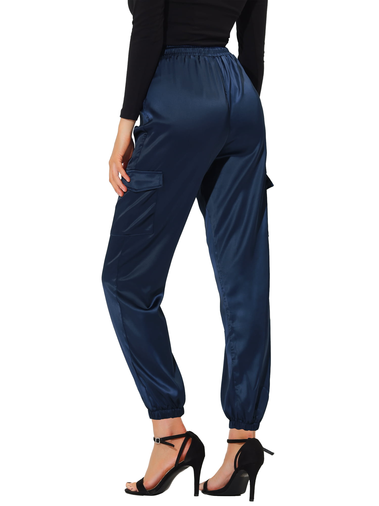Women Casual Cargo Pants Pocketed Elastic Waist Drawstring Soft Silk Satin  Cool Summer Sweatpants Dressy (Small, Dark Blue) 