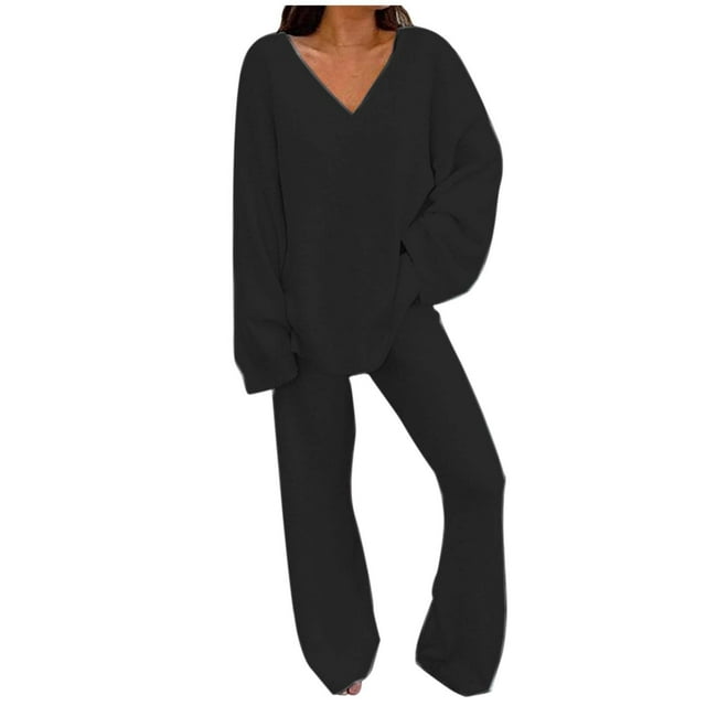 Conjunto de 2 piezas para mujer: jersey oversize con cuello en V y pantalones anchos, conjunto de ropa de estar por casa suave y elástico para otoño/invierno