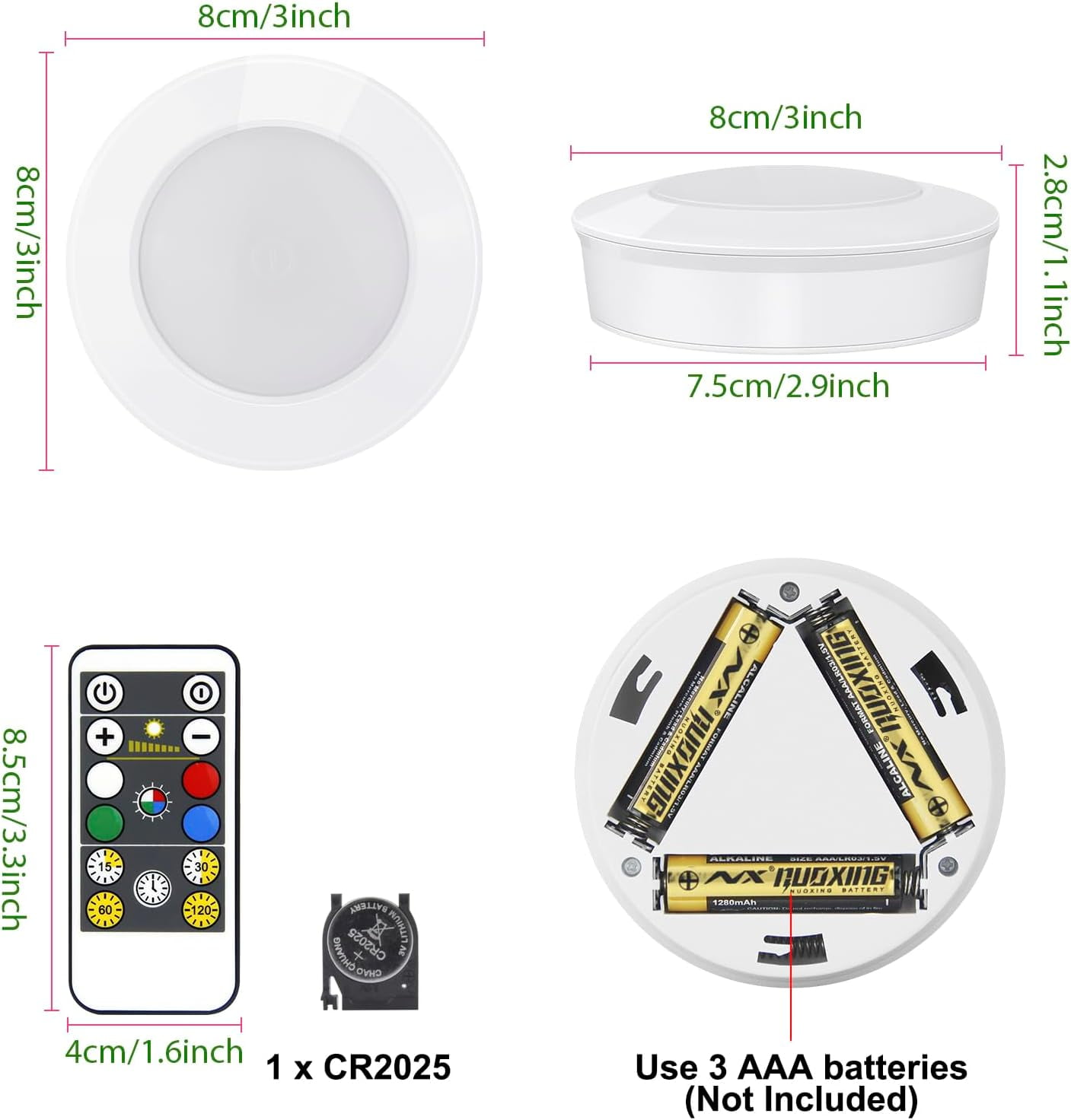 RGHJAR-Wireless LED Puck Lights with RF Remote(3-Pack), Battery Operated Under Cabinet Lights, Color Changing Stick On Lights,Dimmable Tap Light with Timmer for Closet Bedroom Kitchen Drawer Counter