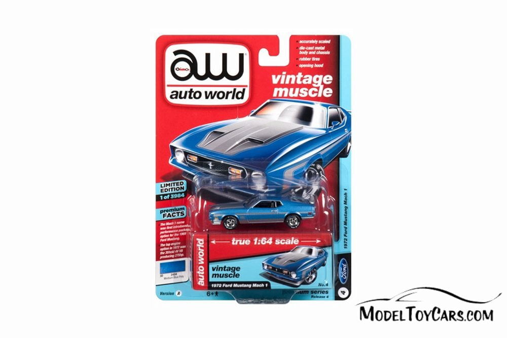 1/64 AUTO WORLD Premium Line 1972 Ford Mustang Mach 1 in Medium Blue Poly w/ Sil